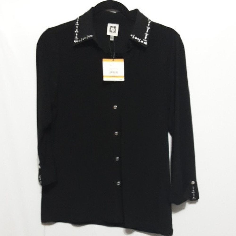 ANNE KLEIN Elegant Black Rhinestones Women's‎ S Top